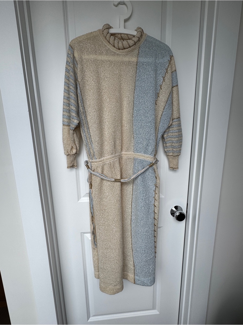 80s Colorblock Knit Belted Midi Dress in Beige and Light Blue